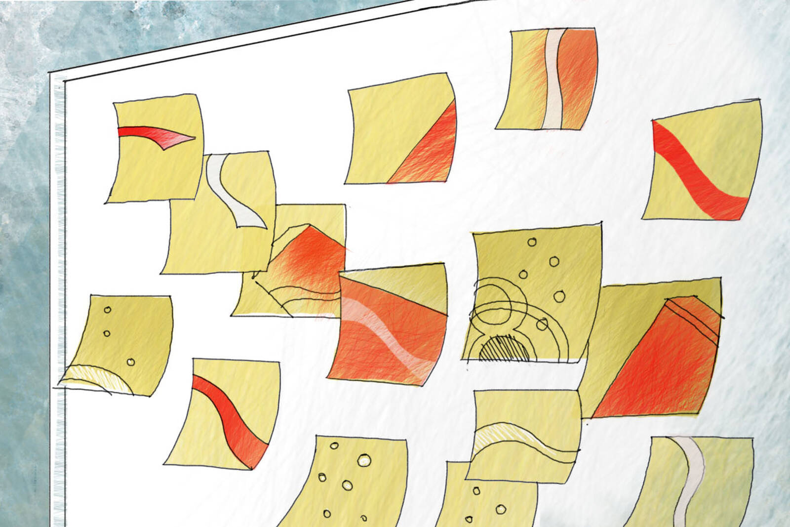 Post-it notes on a design thinking whiteboard