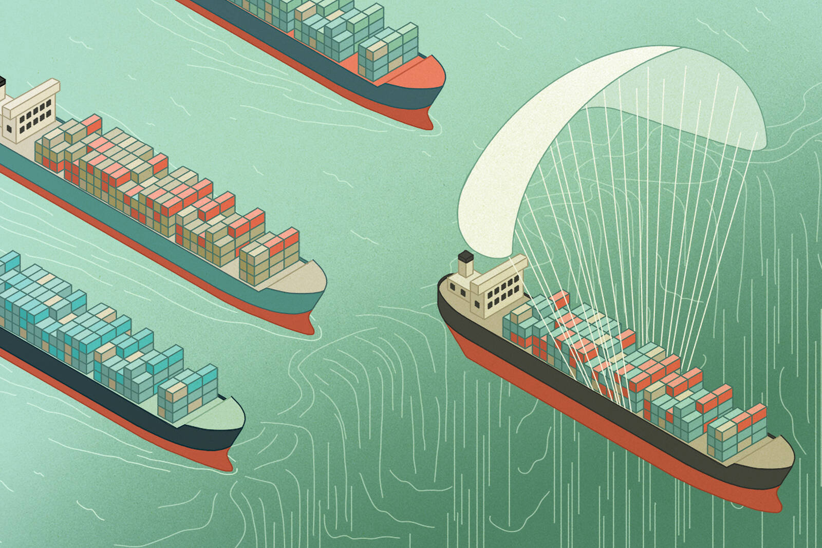 Container ship going over waterfall with parachute.