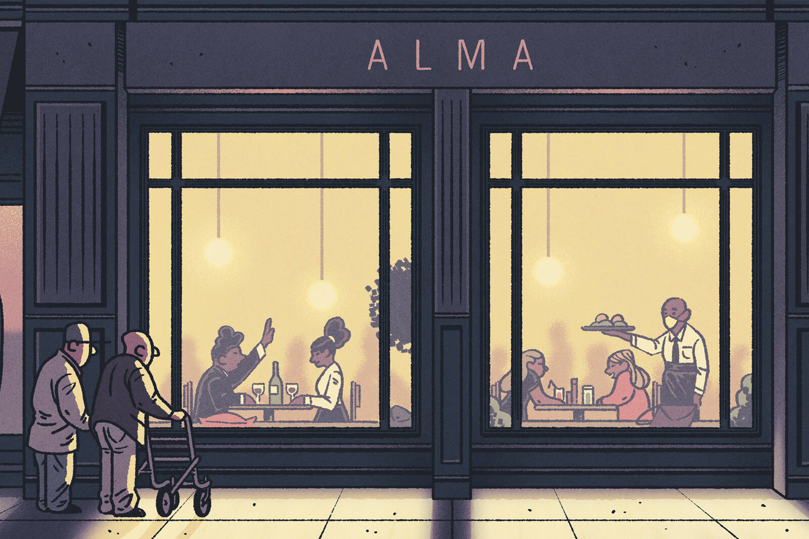 Older customers look into a restaurant