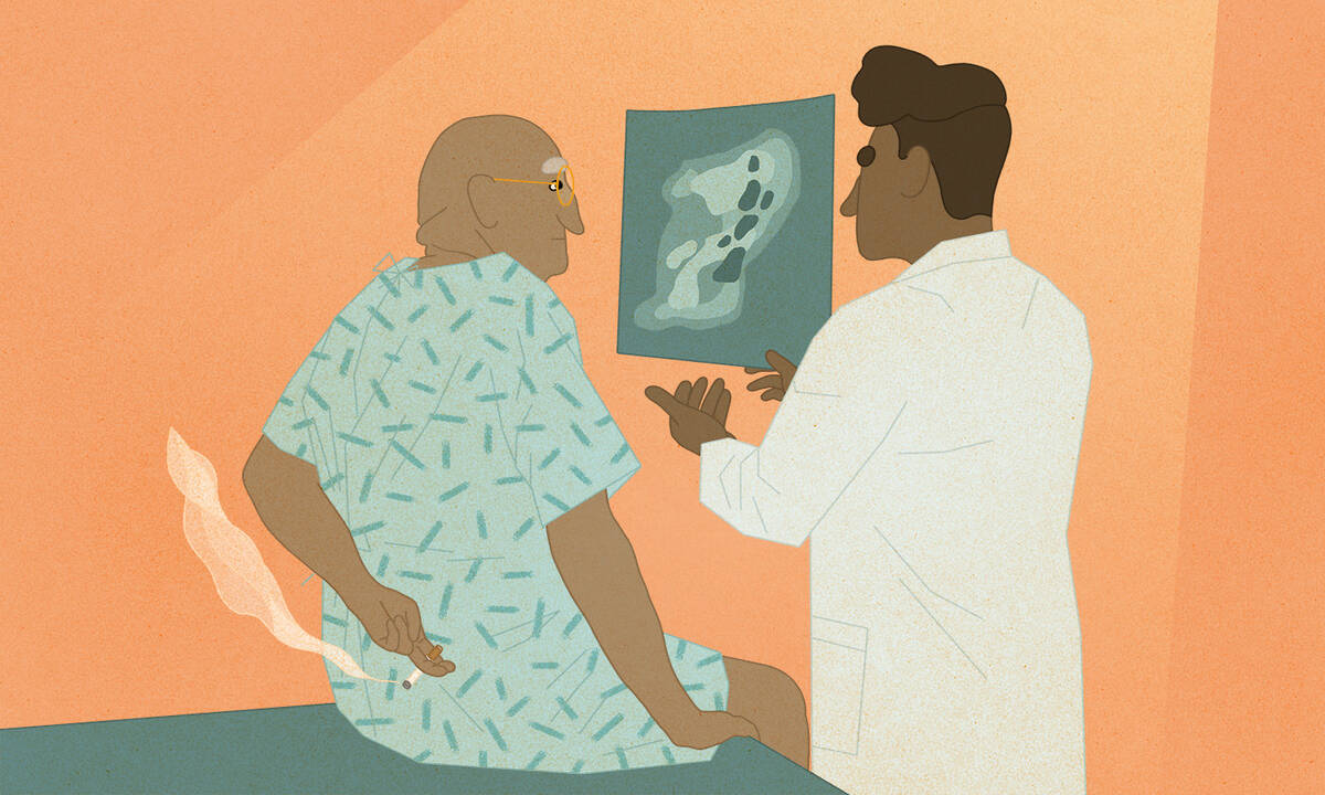 patient hides cigarette behind back from doctor