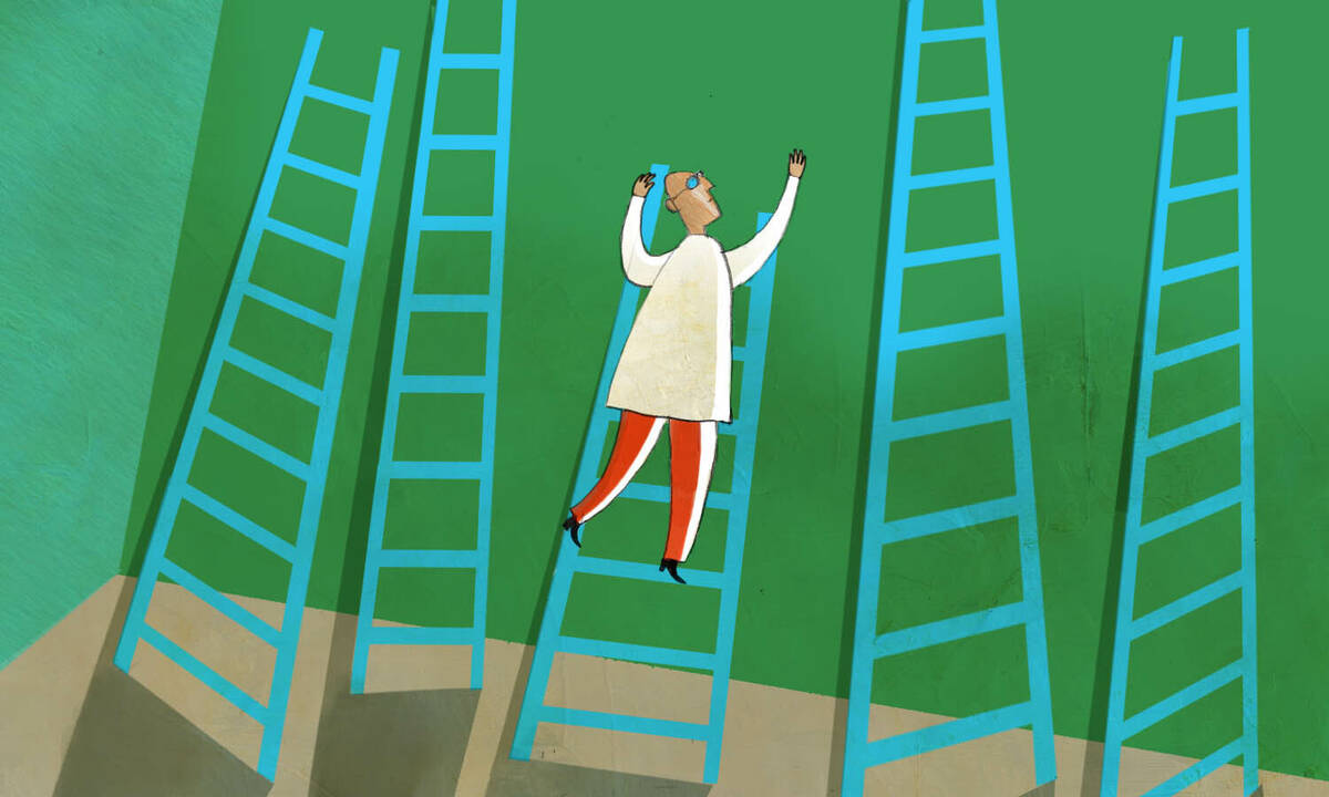 person climbing a small ladder against a wall with longer ladders